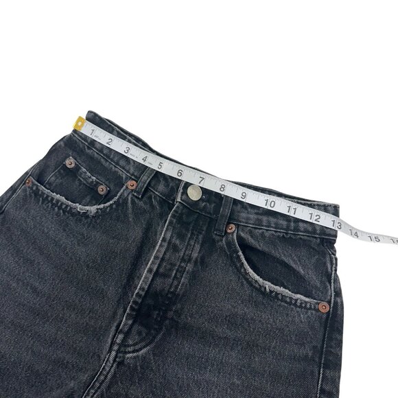 Zara Women High-Waisted Black Denim Shorts Size 4 With Frayed Hem & Button Fly - Picture 5 of 10